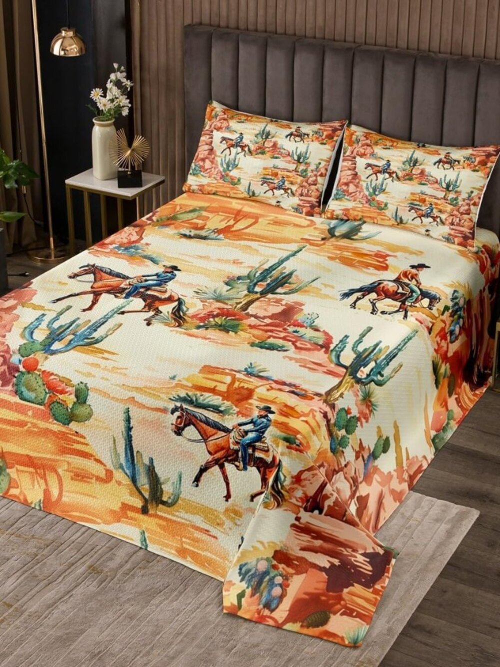 Western Cowboy Kids Bedspread King Size,Cactus Desert Southwest Country Coverlet